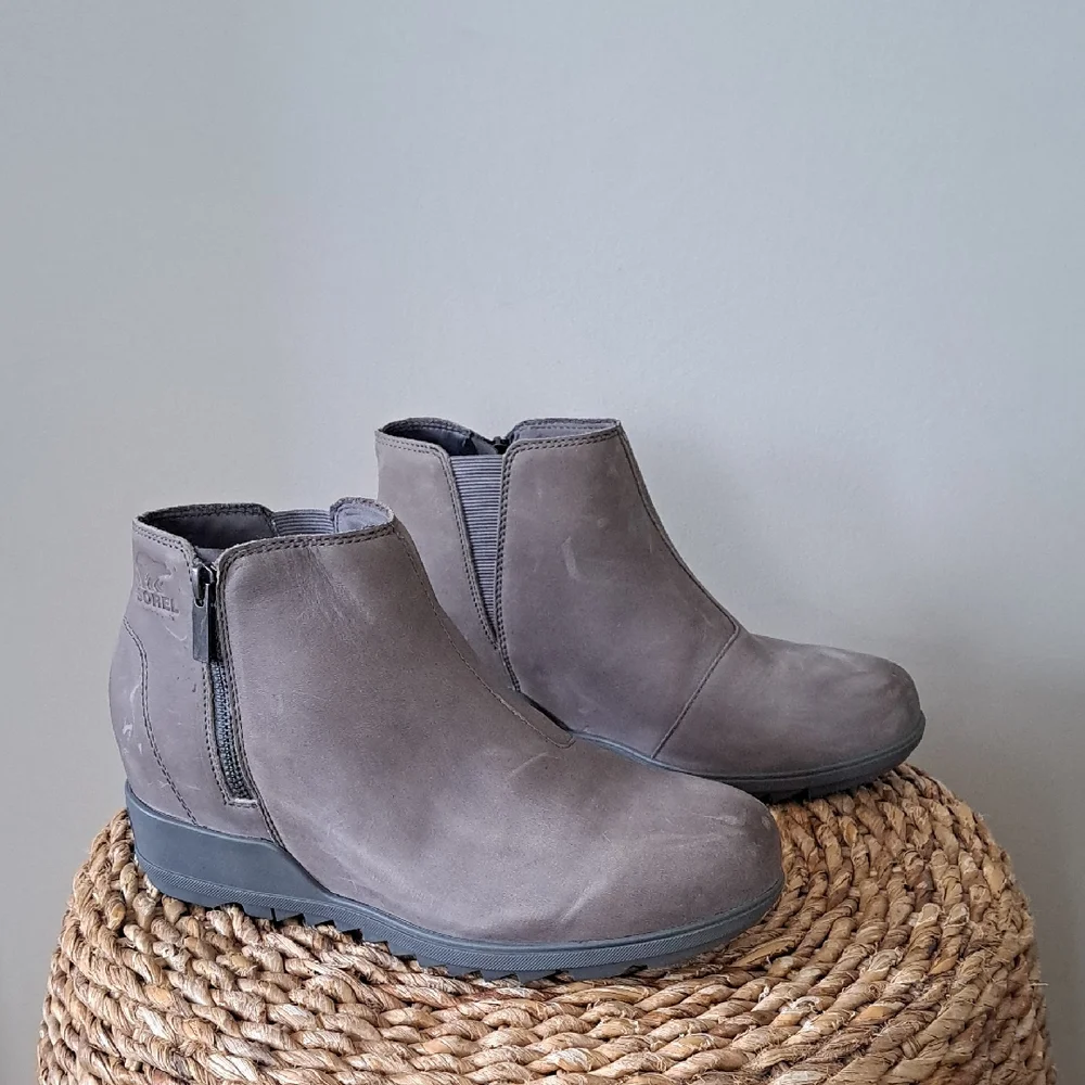 SOREL Womens Evie‎ Grey Nubuck Suede Waterproof Leather Wedge Ankle Boots S-10
